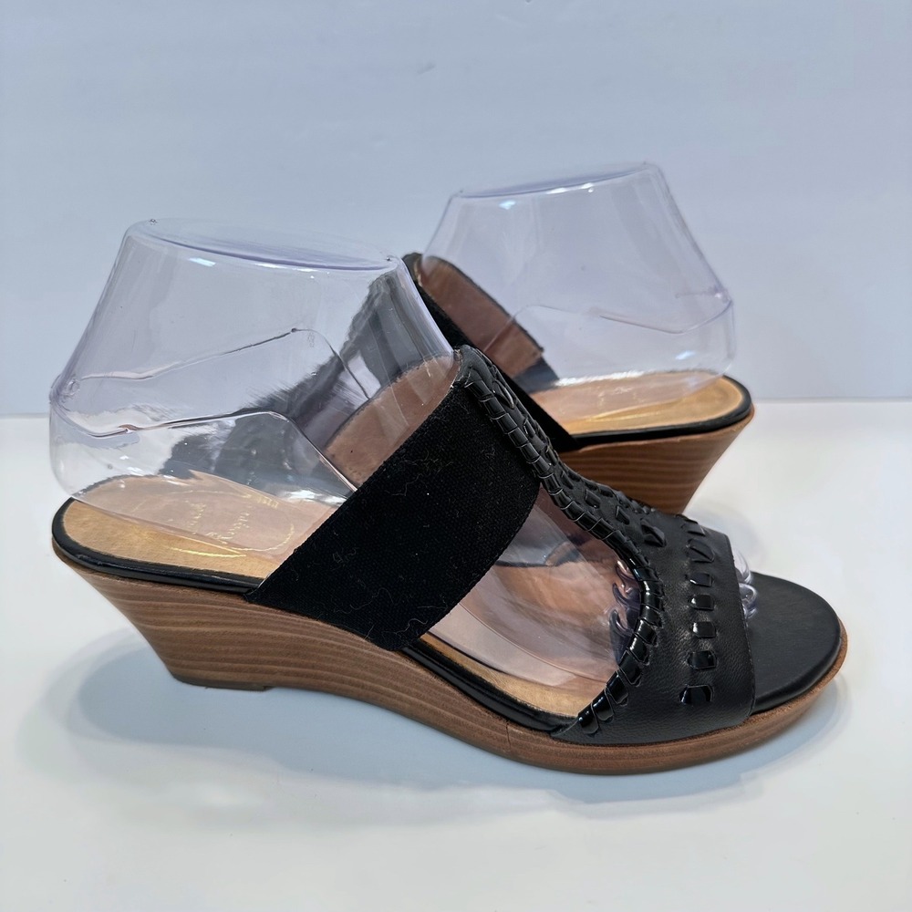 Jack Rogers Black Leather Whipstitch T-Strap Wedge Sandals Womens 7.5M‎
